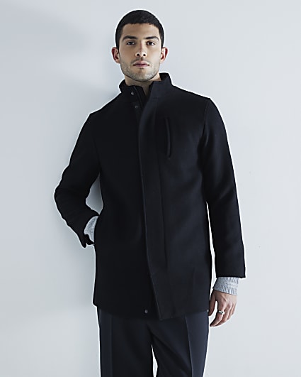 Black regular fit wool blend coat