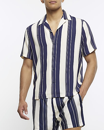 Navy regular fit striped revere shirt