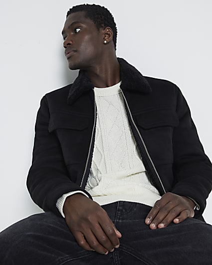 Black regular fit shearling western jacket