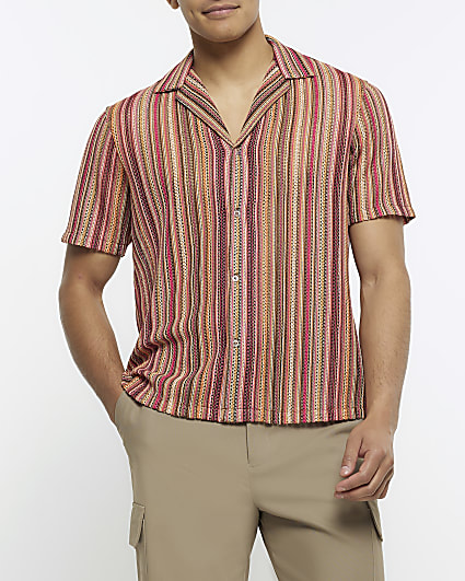 Pink regular fit crochet striped revere shirt