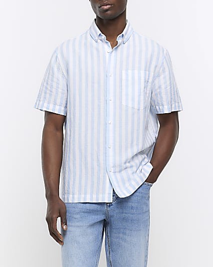 Blue regular fit linen blend striped shirt