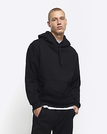 Black regular fit plain hoodie