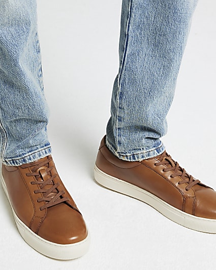 Brown leather lace up trainers