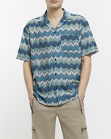 Blue regular fit zig zag revere shirt