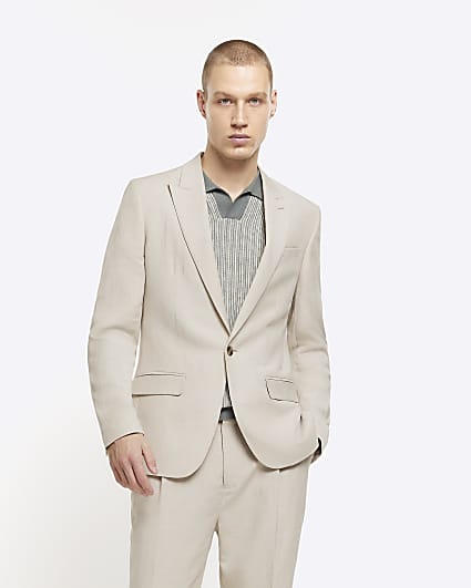 Stone slim fit linen blend suit jacket