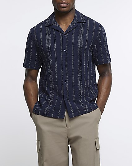 Navy regular fit striped revere shirt