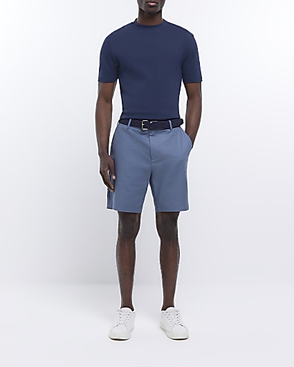 Blue regular fit belted chino shorts