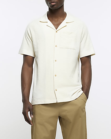 Beige regular fit textured revere shirt