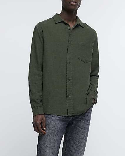 Khaki regular fit linen blend shirt