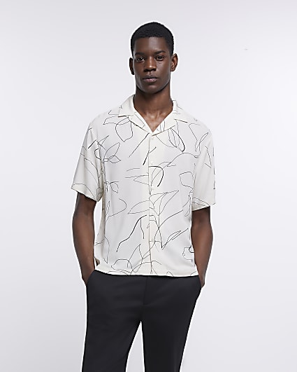 Beige regular fit linear print shirt