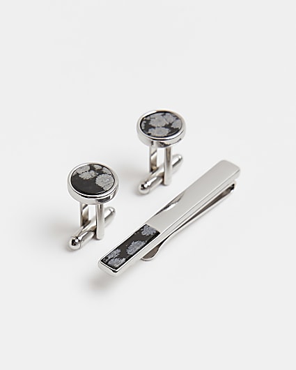 Black stone detail tie clip set
