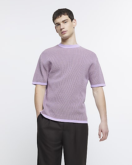 Purple oversized fit textured knitted t-shirt