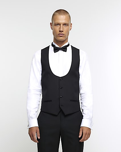 Black slim fit tuxedo waistcoat