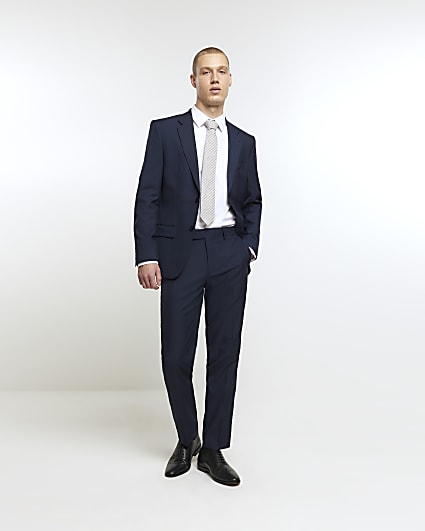 Navy slim fit twill suit trousers