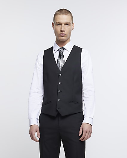 Black skinny fit twill waistcoat