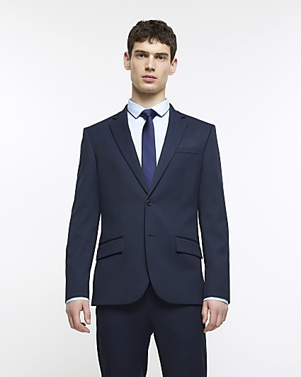 Navy skinny fit herringbone suit jacket