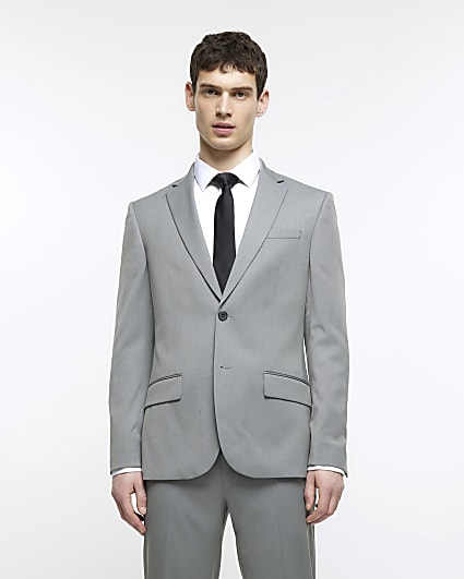 Grey skinny fit herringbone suit jacket