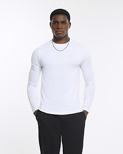 White muscle fit stretch long sleeve t-shirt