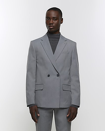 Grey Twill Double breasted Suit Jacket