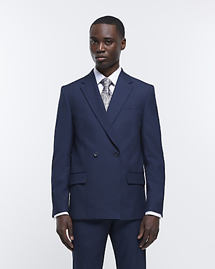 Navy Double Breasted Twill Suit Jacket