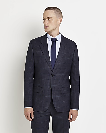 Navy slim fit check suit jacket