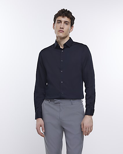 Black slim fit sateen long sleeve shirt