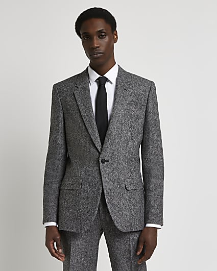 Grey slim fit textured check suit jacket