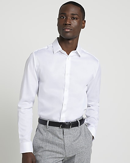 White slim fit textured smart shirt