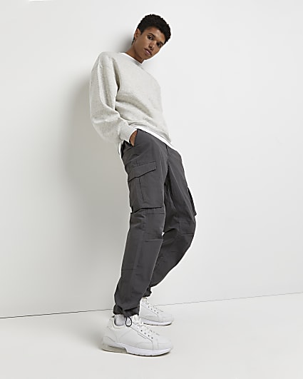Grey slim fit casual washed cargo trousers