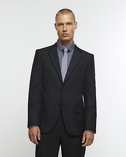 Black slim fit twill suit jacket