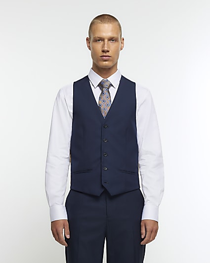 Navy skinny fit twill suit waistcoat