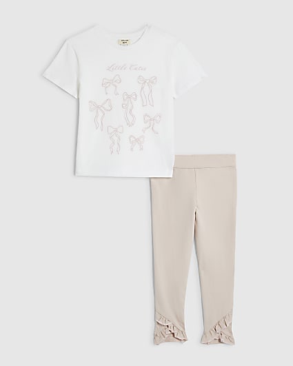 Mini Girls Cream Little Cutie Bow T-Shirt Set