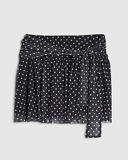 Girls Black Spot Tie Pleated Mini Skirt