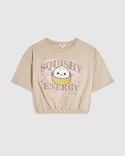 Girls Beige Squishy Dumpling Cinched T-Shirt