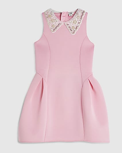 Girls Pink Premium Embellished Collar Dress