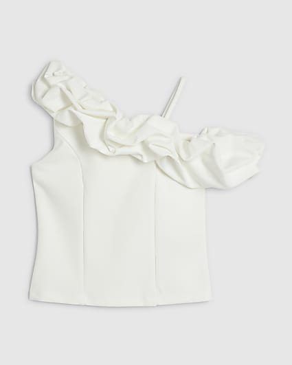 Girls White Ruffle One Shoulder Top