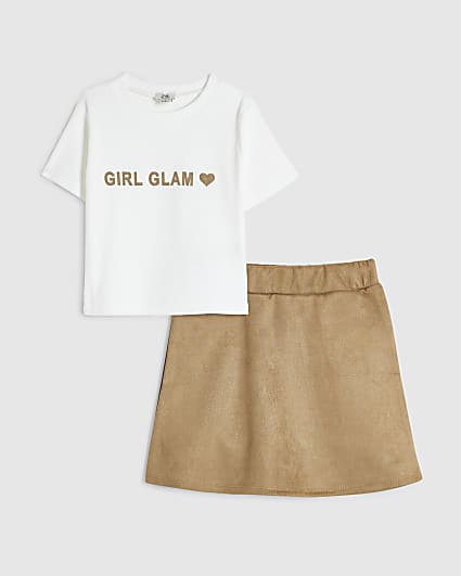 Girls Brown Faux Suede Skirt Set