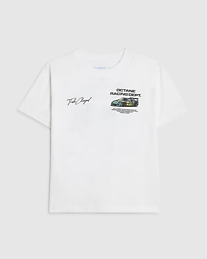 Boys White Racing Print T-Shirt