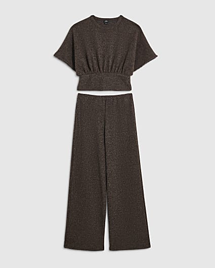 Girls Brown Cinch Waist Wide Leg Trousers Set