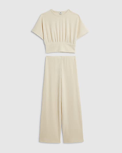 Girls Cream Ribbed Cinch Waist Wide Leg Set
