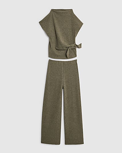 Girls Khaki Rib Twist Top and Trousers Set