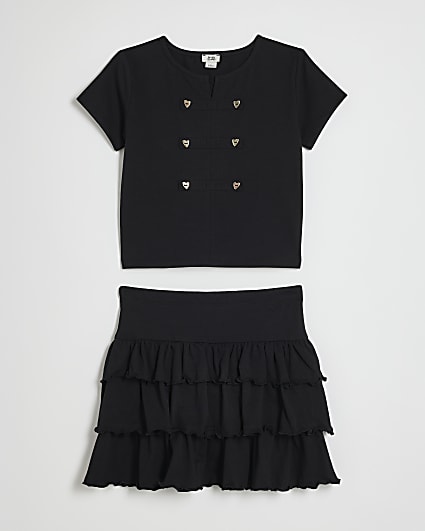 Girls Black Tiered Skirt Set