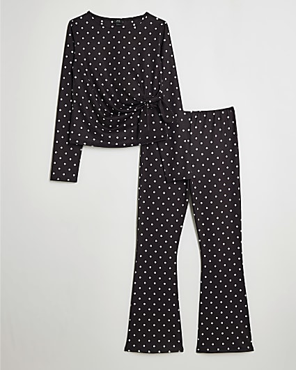 Girls Black Tie Side Spot Top & Trouser Set