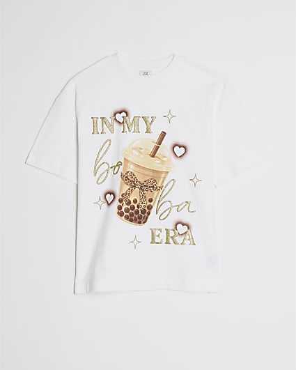 Girls White Cotton In My Boba Era T-Shirt