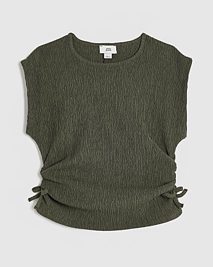 Girls Khaki Ruched Side Top