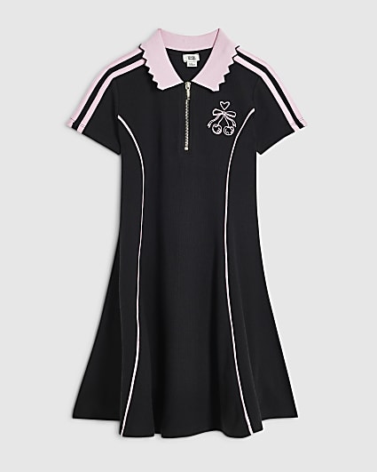 Girls Black Ribbed Zip Cherry Polo Dress
