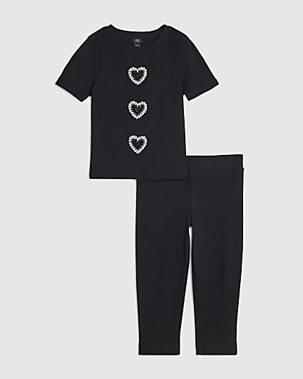 Girls Black 3D Diamante Heart Top Set