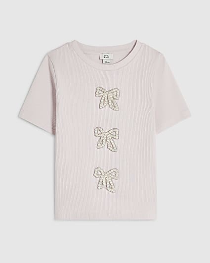 Girls Pink 3D Pearl Bow Top