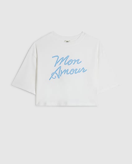 Girls White Diamante Mon Amour T-Shirt