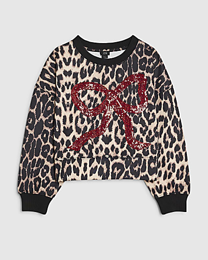 Girls Brown Leopard Sequin Bow Sweatshirt